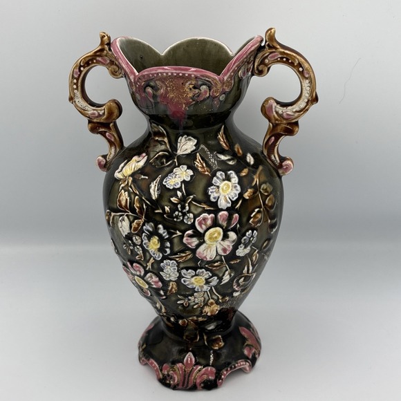 19th Century Eastern European Majolica Vase Raised Flowers 10